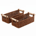 BROWNLILY Handwoven Wicker Organizer Basket with Wooden Handles - Narrow Countertop Caddy for Bathroom Vanity, Kitchen, Entryway & Guest Room (Faux Rattan)