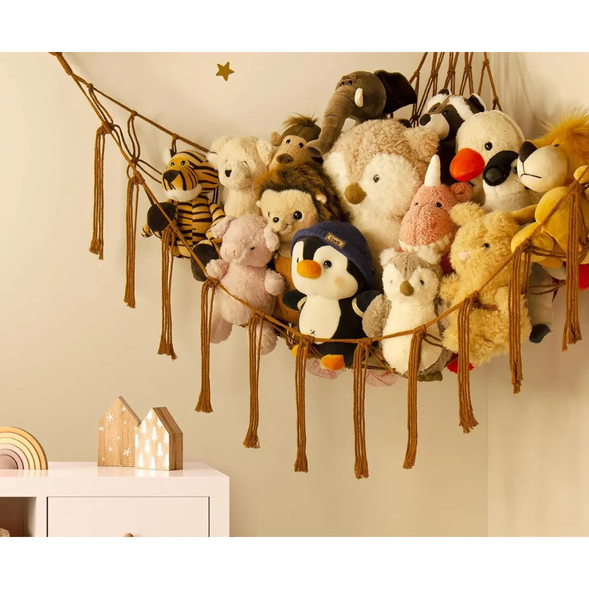 Stuffed Animal Hammock-Large Stuffed Animal Net For Toys Corner-Hanging Stuff Animal Toy Storage Organizer For Plush Plushie Display Caramel Toy Storage Girl Room Bedroom Boho Nursery Decor
