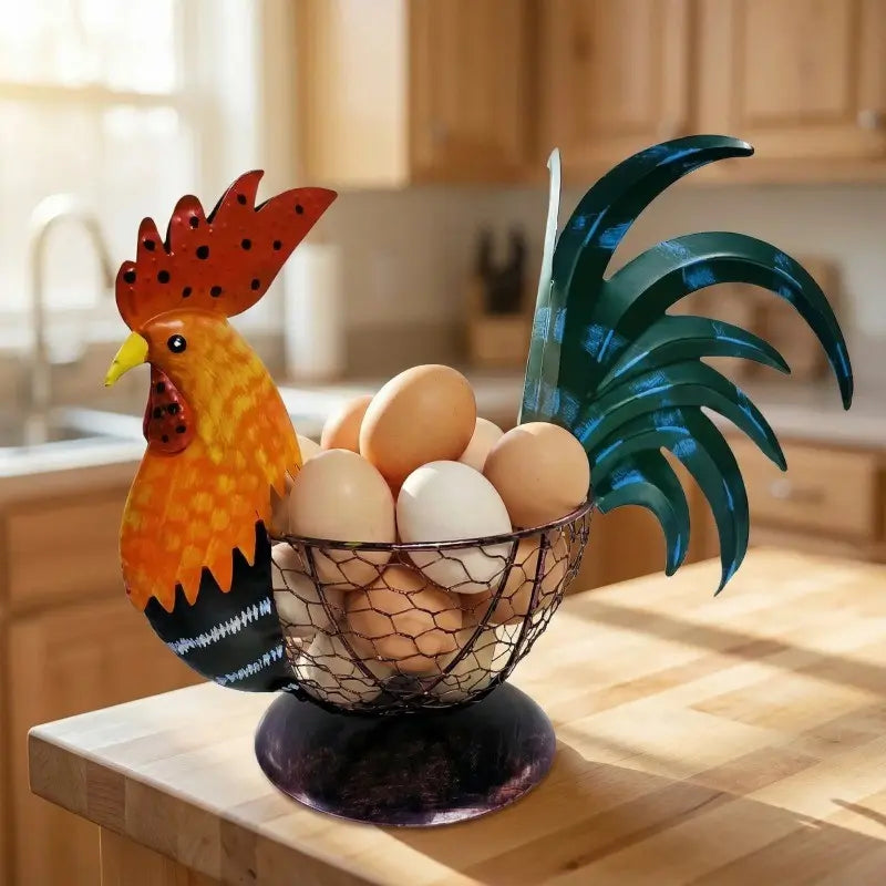 Farmhouse Rustic Multicolor Chicken Wire Metal Egg Basket, Vintage Rooster Ornament, Cute Decorative Fruit Basket for Kitchen & Home, Wire Storage Basket, Decorative Baskets