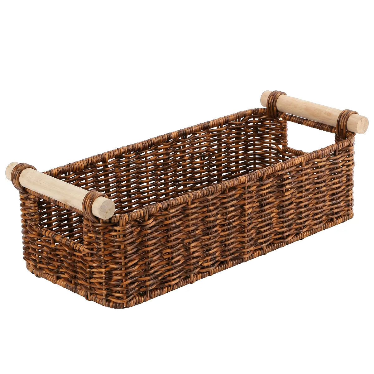 BROWNLILY Handwoven Wicker Organizer Basket with Wooden Handles - Narrow Countertop Caddy for Bathroom Vanity, Kitchen, Entryway & Guest Room (Faux Rattan)