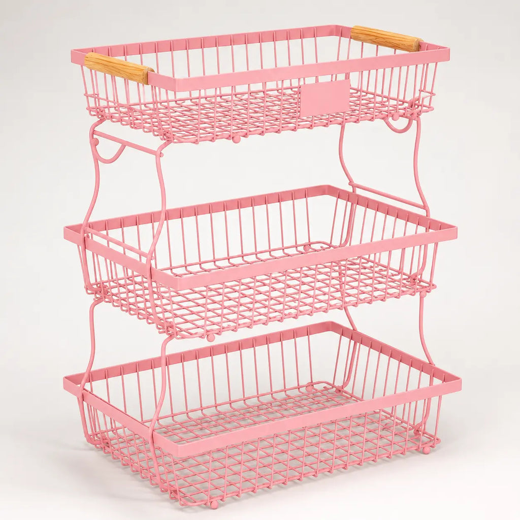 3-Tier Metal Countertop Storage Basket with Handles - 2 Banana Hangers, Attach-to-Countertop Compatible, Open Wire Modern Farmhouse Design, House Organizers for Kitchen Counters, Rose Red Organization Baskets for Vegetable, Bread & Snack Stations