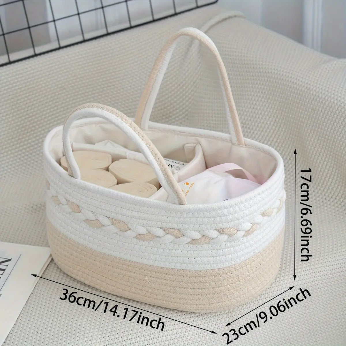 Bohemian Vibe Rope Weave Large Capacity Foldable Home Storage Bag with Woven Handle, Removable Lining, Stripe Design (Cyan, White, Pink, Beige) - Shelf Basket