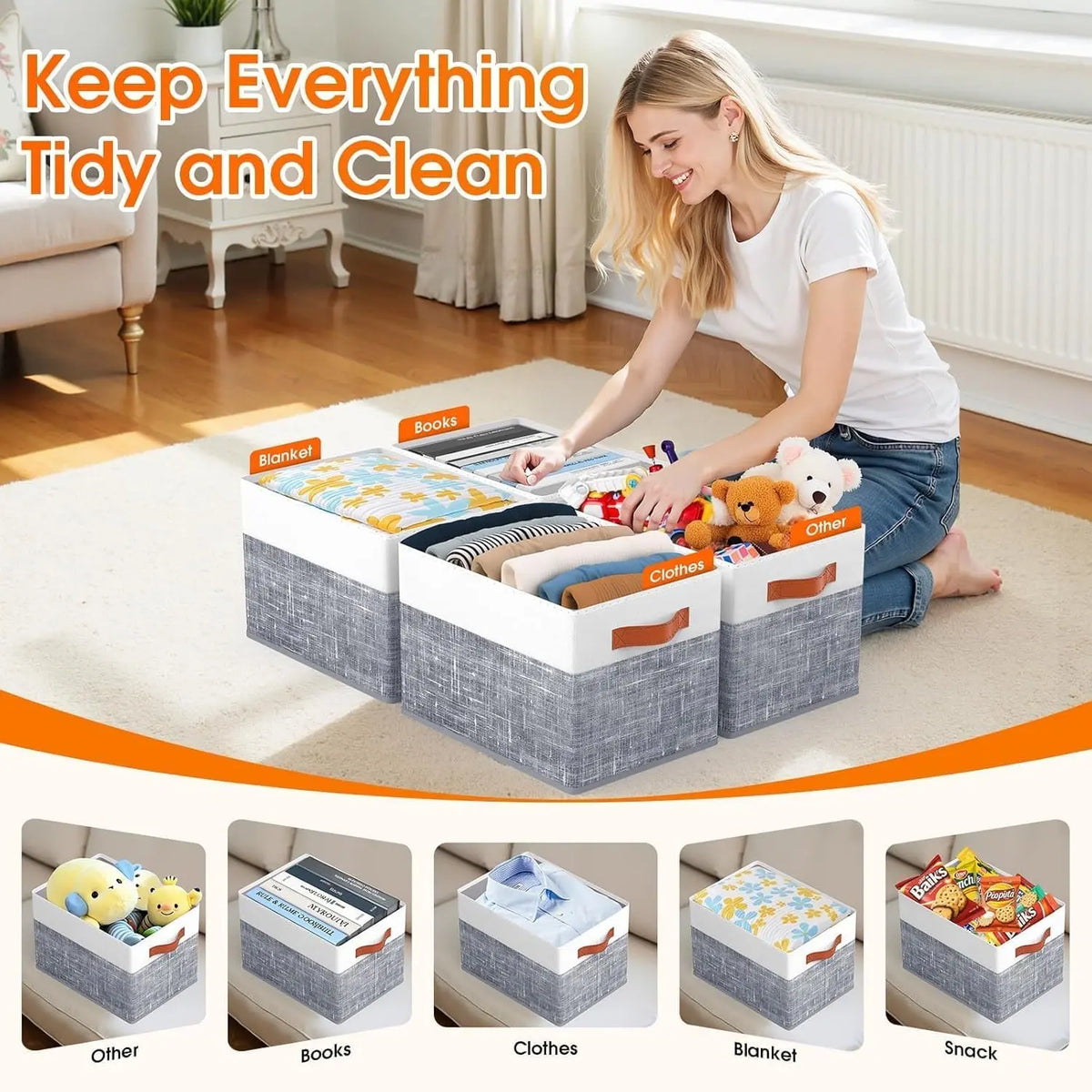 Collapsible Storage Baskets for Shelves,14"x10", 4 Pack Foldable Fabric Storage Bins with Double Leather Handles, Large Baskets for Organizing Books, Clothes, White & Grey