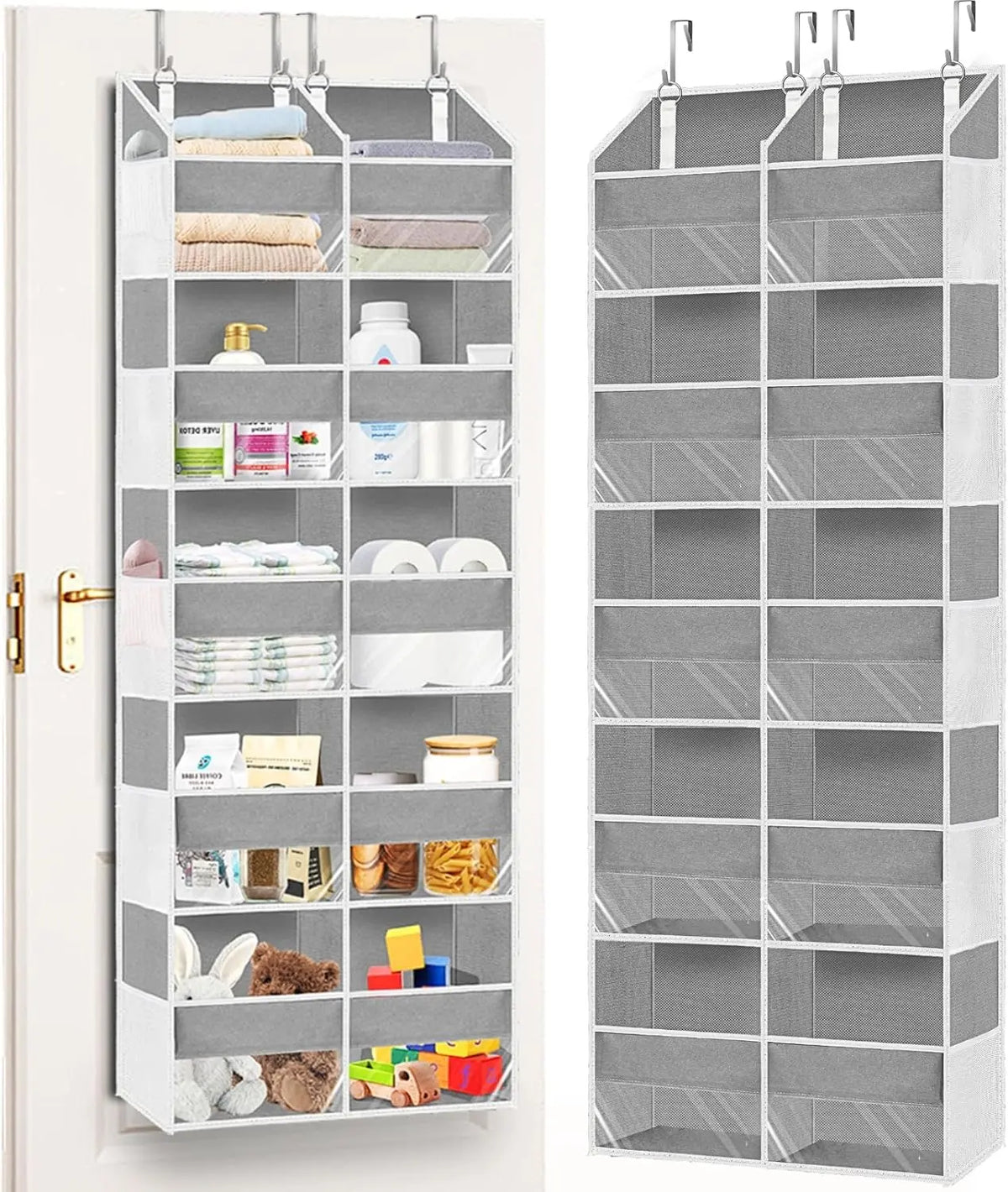 Over The Door Organizer 5Tiers, Extra Large Behind Door Storage of  Compartments, 80 lbs Weight Capacity Hanging Storage Organizer with Clear Window Kids Toys,Shoes,Diapers,Room Storage,Light Grey