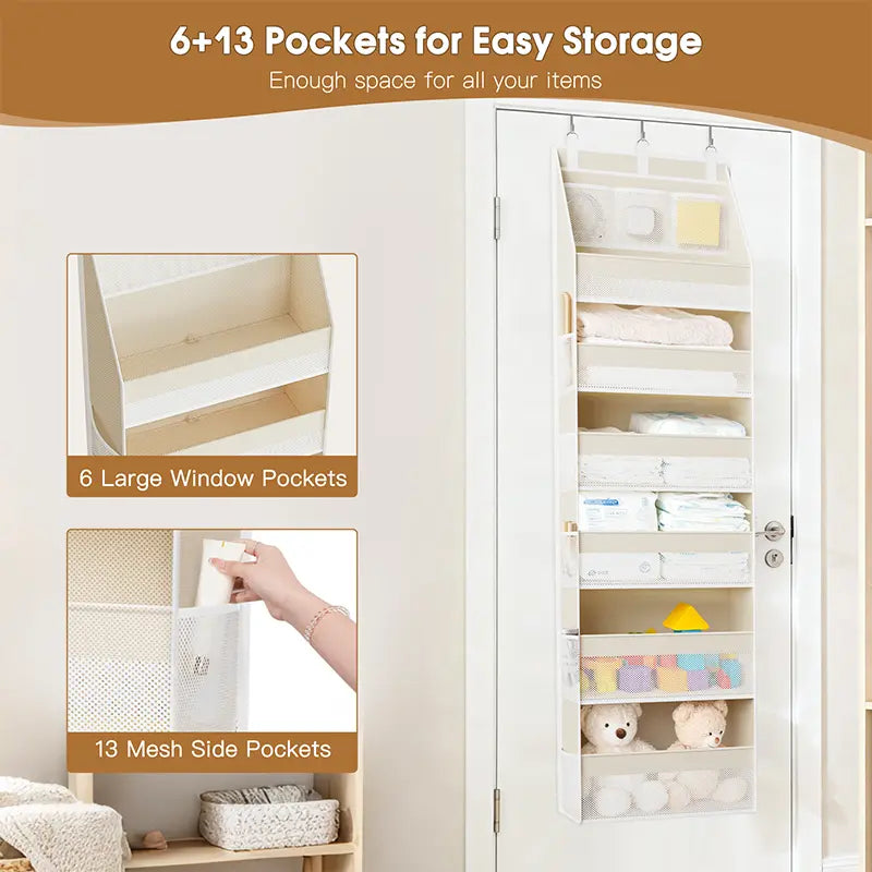 Criusia Heavy Duty Over-the-Door Multipurpose Storage Bag - Non-Woven Dustproof Organizer, 50 lbs Load Capacity, 6 Large Front Pockets, 10 Side Pockets, Snap Hook, Home Storage for Baby Nursery, Small Room, Bathroom Toiletries Organization Needs