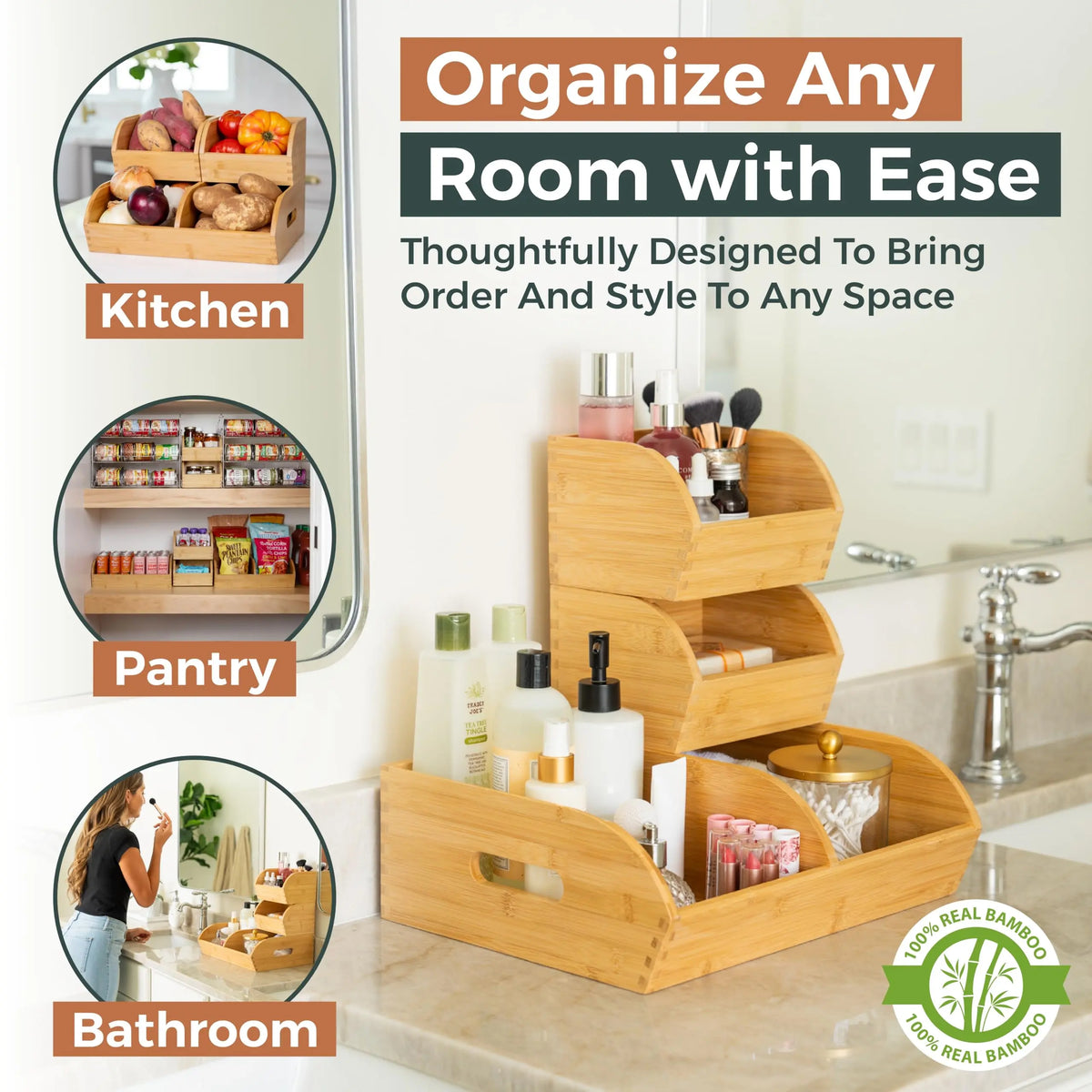 SANNAX 3-Pack Stackable Storage Bins - Classic Durable Ventilated Bamboo Organizer Baskets with Handle Carry Ease, Home Supplies Multipurpose Containers for Pantry, Kitchen Counter