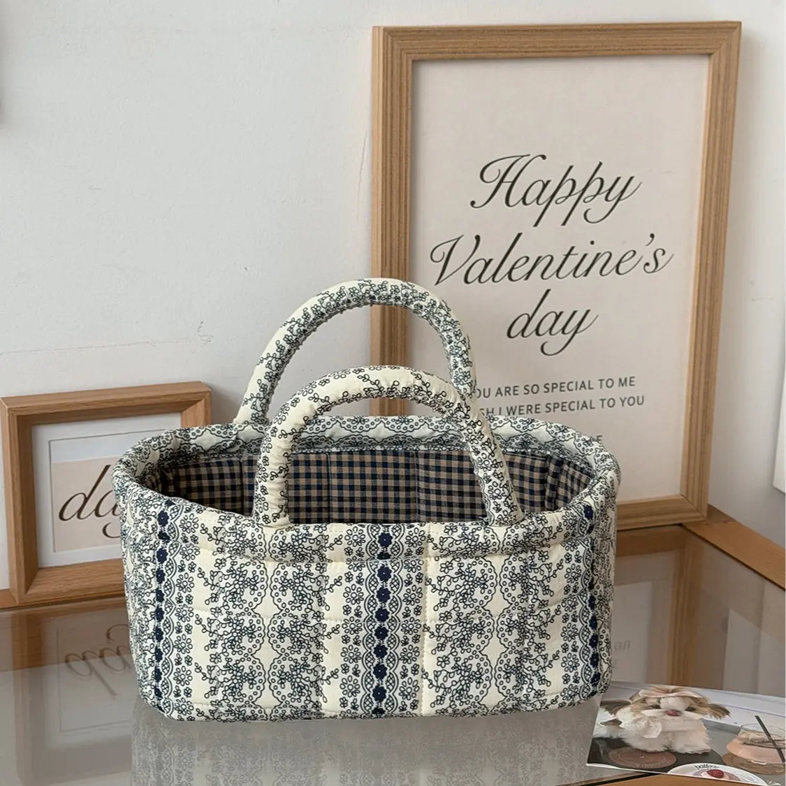 Cotton Country Chic Embroidered Print Lightweight Compact Basket - Baskets for Organizing, Baby Girl's Room Storage, Cosmetic Holder, Portable Gift Bag