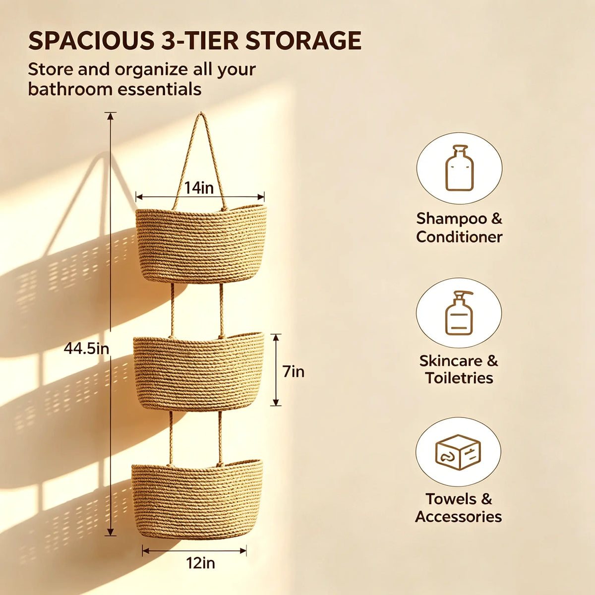 【Free Shipping (14in)】Woven Cotton 3-Tier Trapezoid Over-the-Door Basket, Wall-Mounted Jute Decorative Household Organizer, French Country Aesthetic for Busy Parents, with Gift Hook for Bathroom Decor Ideas & Home Storage