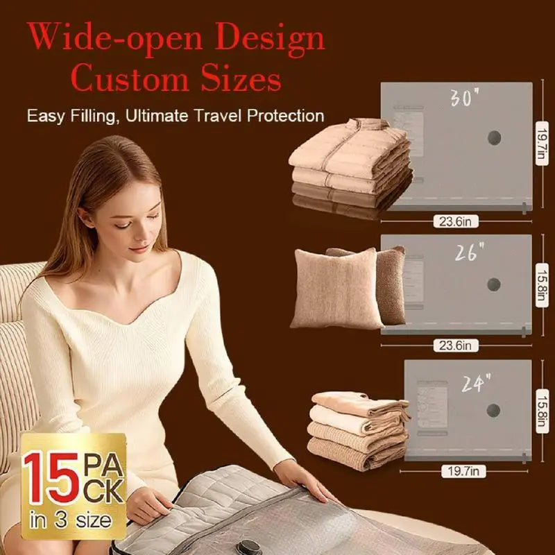 Cordless Vacuum Storage Bags 15pcs Full Set + Wireless Pump - Multifunction Large Storage Bags, USB Rechargeable, 140L/Min Fast Compression, Waterproof Reusable, Plastic Seal Machine for Travel Suitcases & Carry-Ons #tiktokshopstockup sohochic