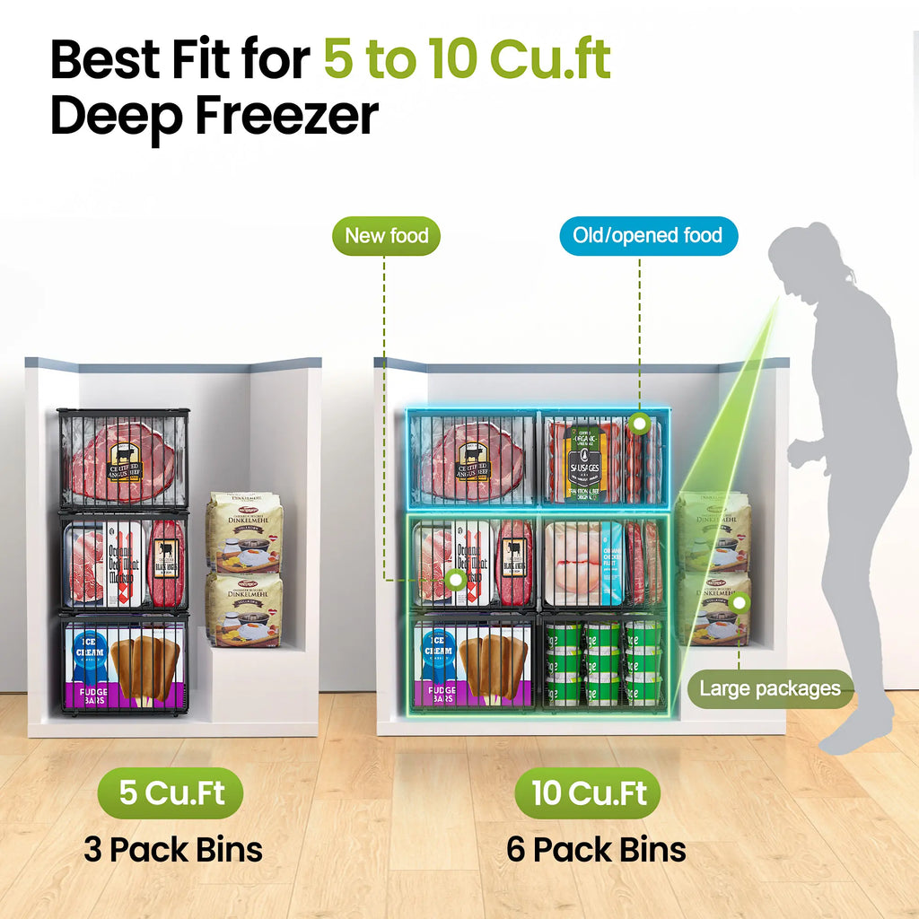 Msercuor Stackable Wire Freezer Organizer Bins - Black 4 Pack, Durable Rustproof Stainless Steel Storage Baskets with Open-Frame Design, Space-Saving Lifttograb Access, Keeps Food Fresher Longer (2/6/8 Pack Options)