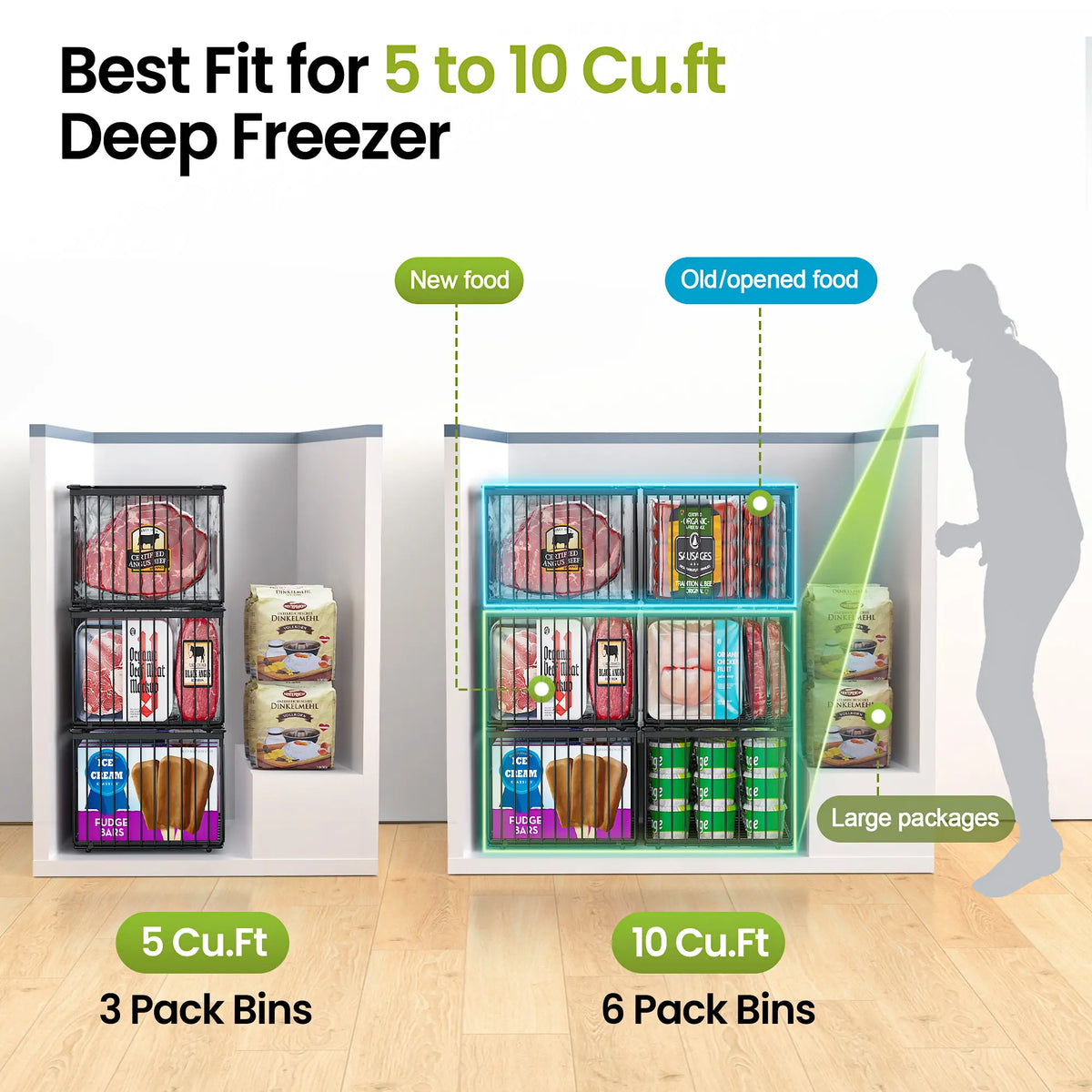 Msercuor Stackable Wire Freezer Organizer Bins - Black 4 Pack, Durable Rustproof Stainless Steel Storage Baskets with Open-Frame Design, Space-Saving Lifttograb Access, Keeps Food Fresher Longer (2/6/8 Pack Options)