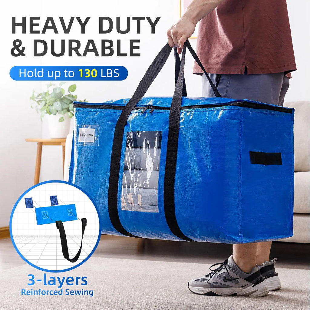 Extra Large Heavy Duty Portable Collapsible Moving & Pack Bags with Zip, 130LBS Load-Bearing Rip Resistant PE Plastic Fabric, Ergonomic Handles, Label Slot, Disposable Storage Organizer for Home Relocation & Storage Organization