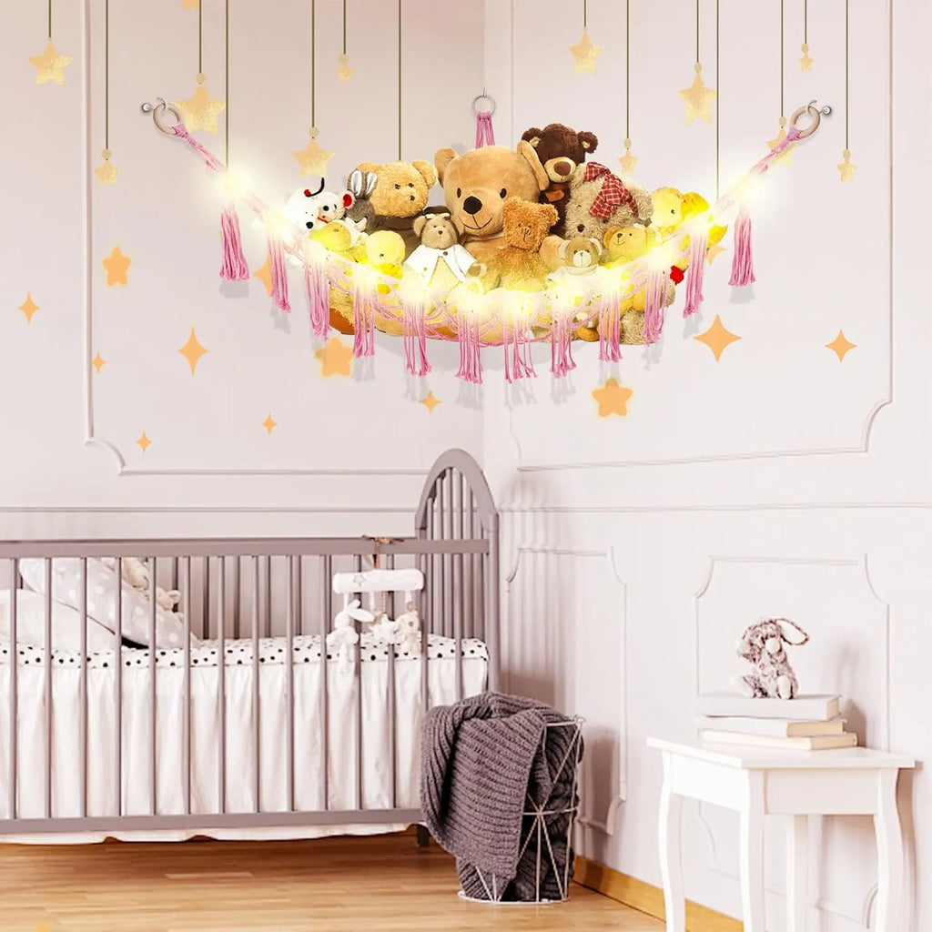 Stuffed  Hammock with LED Light,  Hammock for Stuffed  Storage for  Room Decor, Stuffed  Hammock Corner, Pink