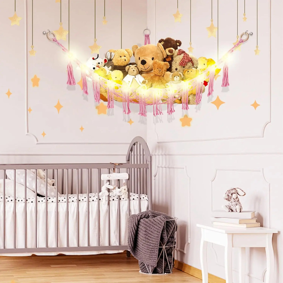 Stuffed  Hammock with LED Light,  Hammock for Stuffed  Storage for  Room Decor, Stuffed  Hammock Corner, Pink