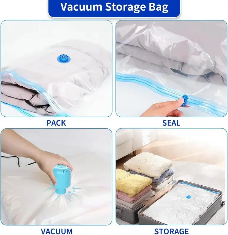 5/11 Pack Compression Vacuum Storage Bags, Blue Transparent Resealable Zipper Bags, Waterproof Leakproof Airtight Dust Moisture-Proof, Extra Large Capacity 80% Space Saving Compression Bag with Hand Pump