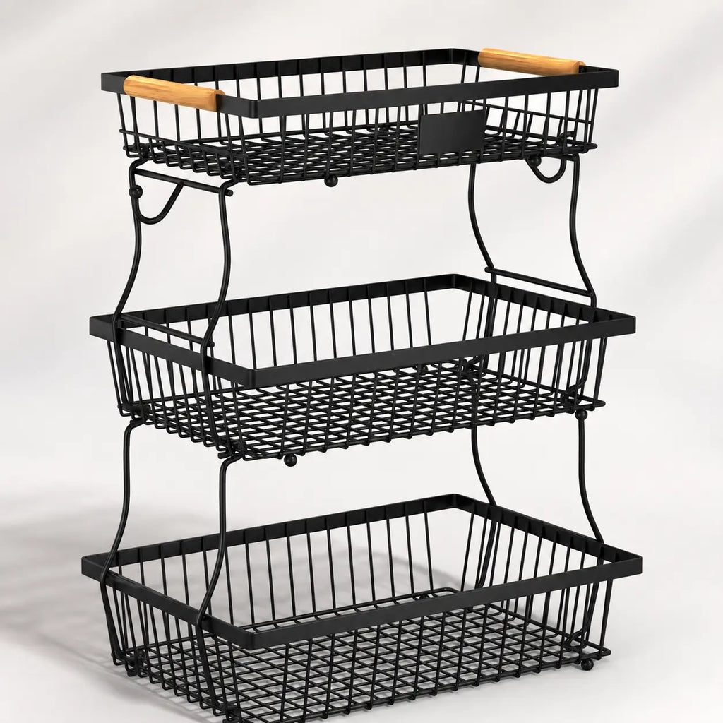 3-Tier Metal Countertop Storage Basket with Handles - 2 Banana Hangers, Attach-to-Countertop Compatible, Open Wire Modern Farmhouse Design, House Organizers for Kitchen Counters, Rose Red Organization Baskets for Vegetable, Bread & Snack Stations