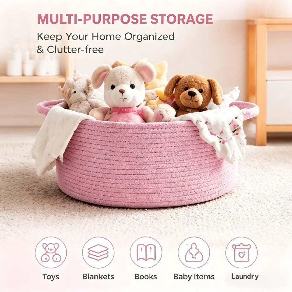 Cotton Rope Storage Basket – Cute Woven Bin for Bedroom, Bathroom & Nursery | Boho Home Organizer with Handles