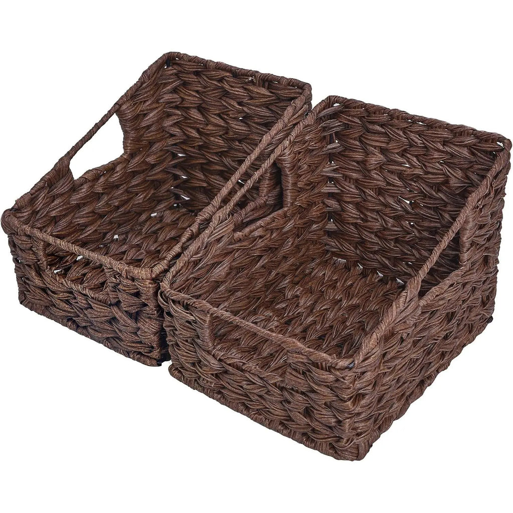 2-Pack Natural Trapezoid Woven Storage Baskets with Handles for Shelves, Pet Supplies Organiser for Dog & Cat Collars/Harnesses/Leads, Kitchen-Ready Plastic-Metal Accent Decorative Baskets, Shelf, Toilet