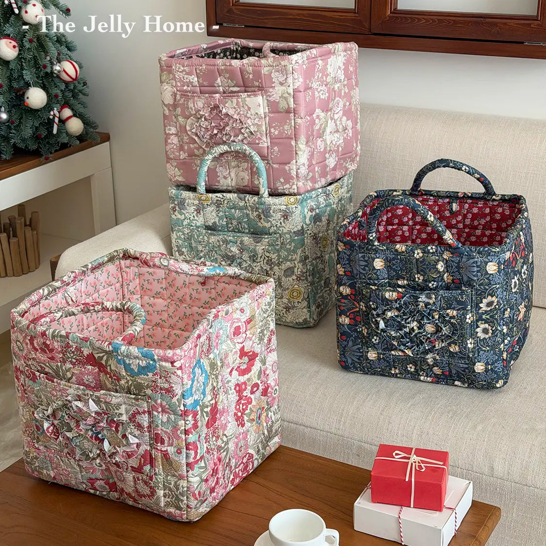 Women's Retro Foldable Soft Quilted Square Storage Basket - Dahuaofu Series, 31*27*26 cm Large Pink Flowers Print Polyester Bag, Basket with Handle, Front Pocket, Multi-Function High-Capacity Organizer, Blue, Clothes Organizer