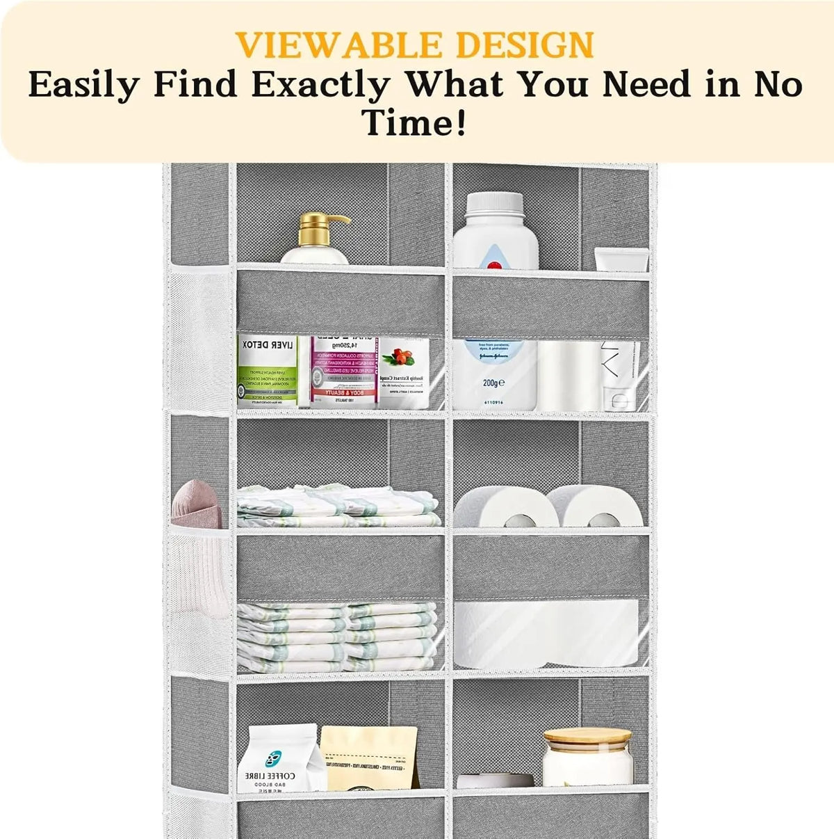 Over The Door Organizer 5Tiers, Extra Large Behind Door Storage of  Compartments, 80 lbs Weight Capacity Hanging Storage Organizer with Clear Window Kids Toys,Shoes,Diapers,Room Storage,Light Grey