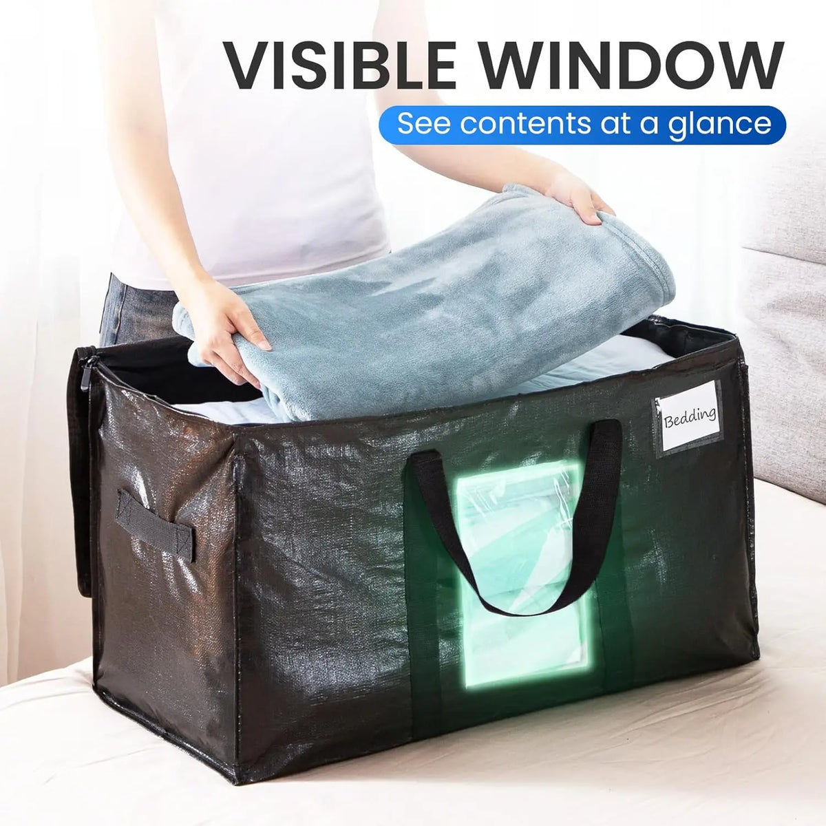 TAILI Extra Large Heavy-Duty Moving Bags (4 Pack Black) - Eco-Friendly Modern Multi-Purpose Space Saving Organizer Totes with Visible Window, Wrap-Around Handles, Lid, Zipper, Alternative to Moving Boxes