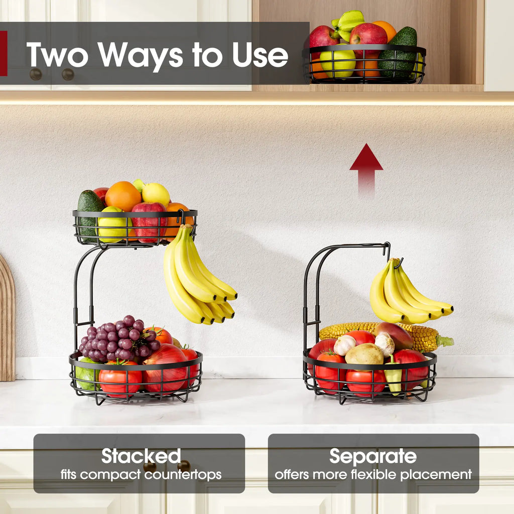 Sakugi 2-Tier Black Wire Round Fruit Organiser, Detachable Storage Bin Rack for Kitchen Countertop Pantry, Easy Assembly Modern Home Organizing Wire Basket, Baskets For Organizing