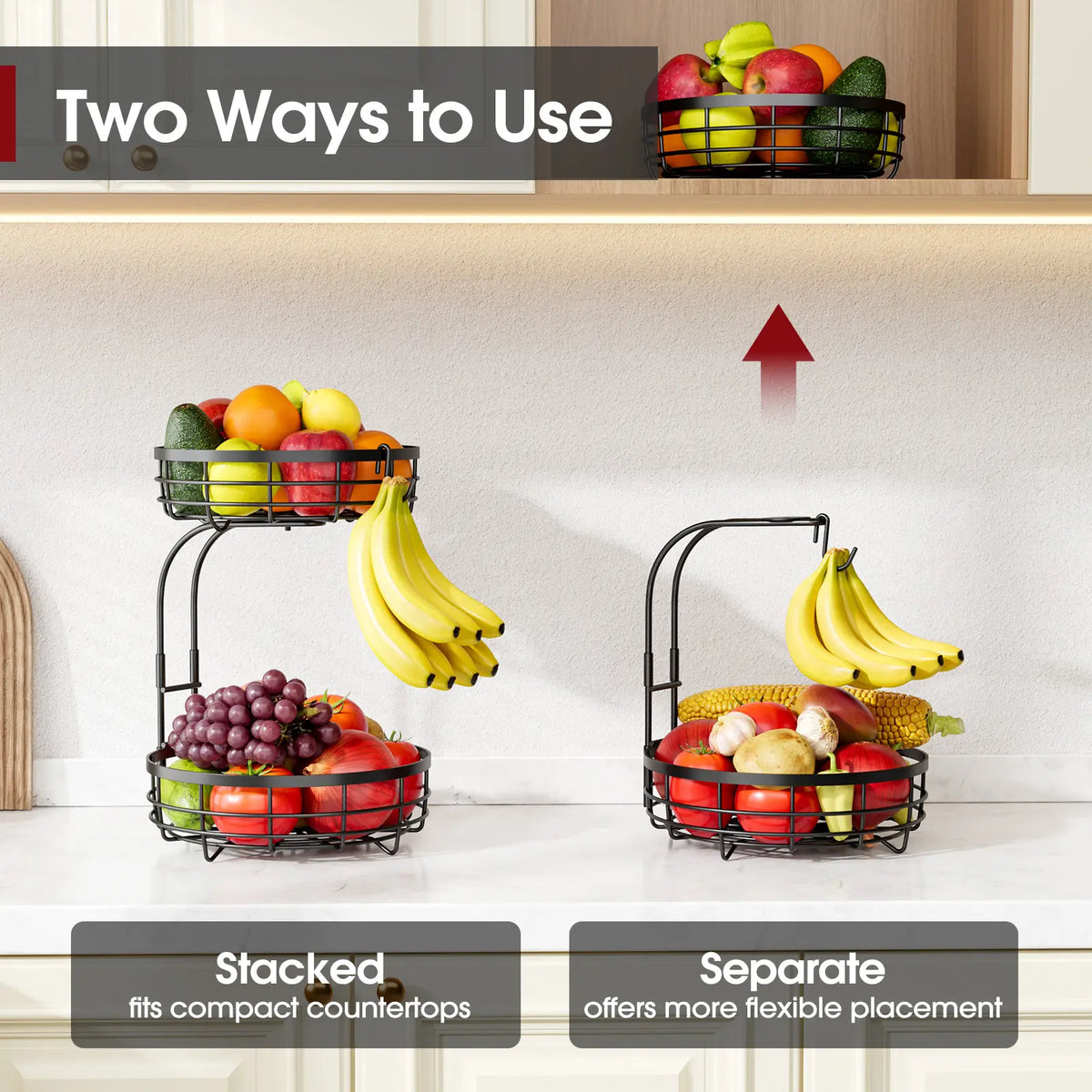 Sakugi 2-Tier Black Wire Round Fruit Organiser, Detachable Storage Bin Rack for Kitchen Countertop Pantry, Easy Assembly Modern Home Organizing Wire Basket, Baskets For Organizing