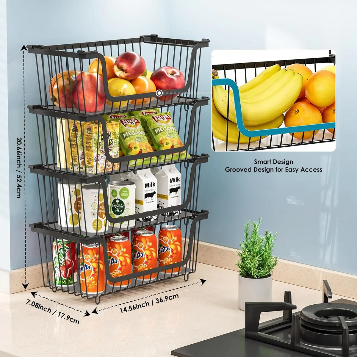 Black 4-Pcs Stackable Stainless Steel Hollow Wire Storage Bins Set - Metal Kitchen Bathroom Basket with Rotating Handle, Pet Supplies Organizer, Countertop Produce Holder