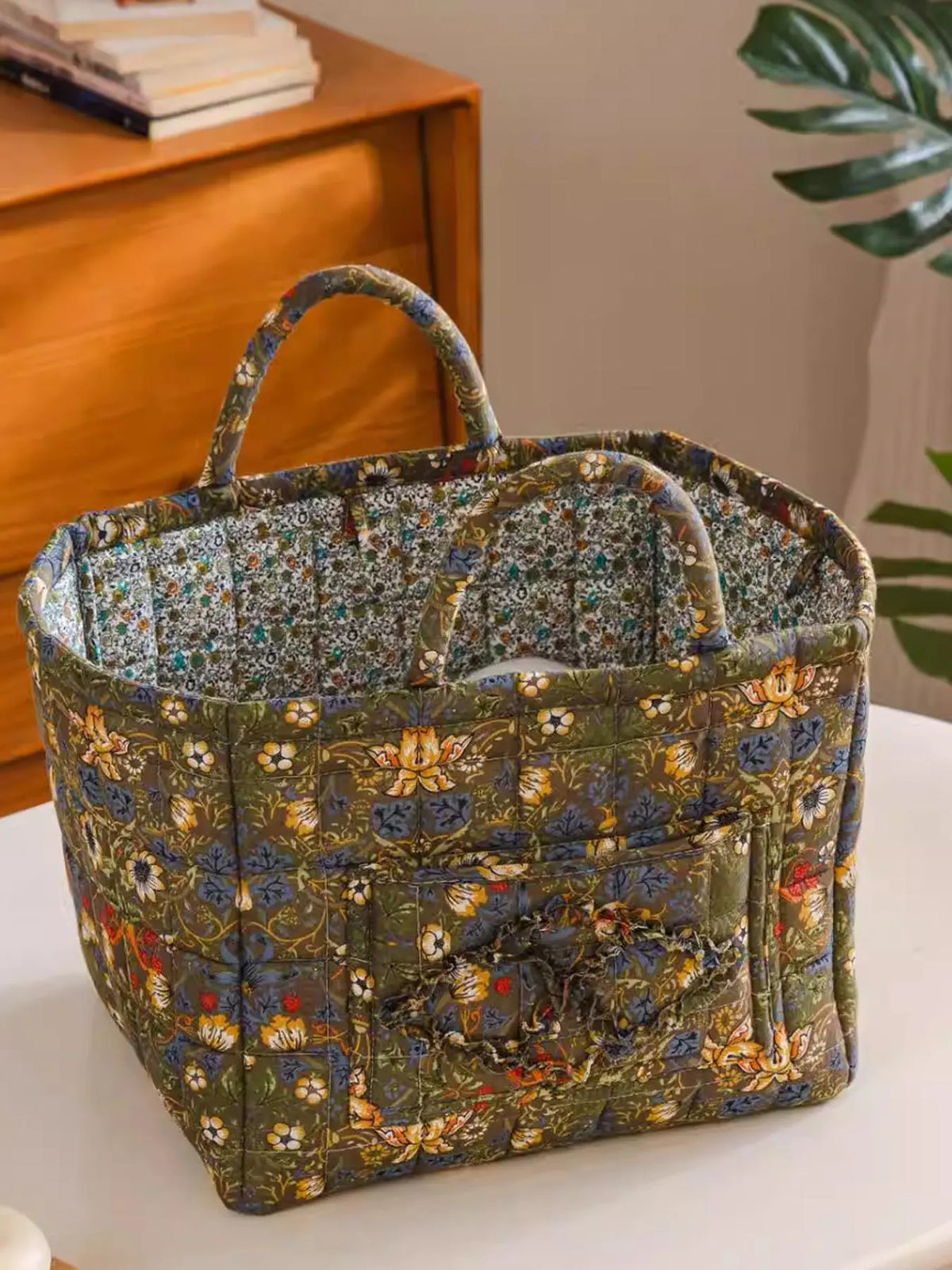 Floral Pattern Flower Fabric Storage Tote Basket, Portable Underwear Organizer, Organizing Baskets, Home Organization for Kitchen Bathroom Bedroom Living Room Office, Decorative Storage Basket
