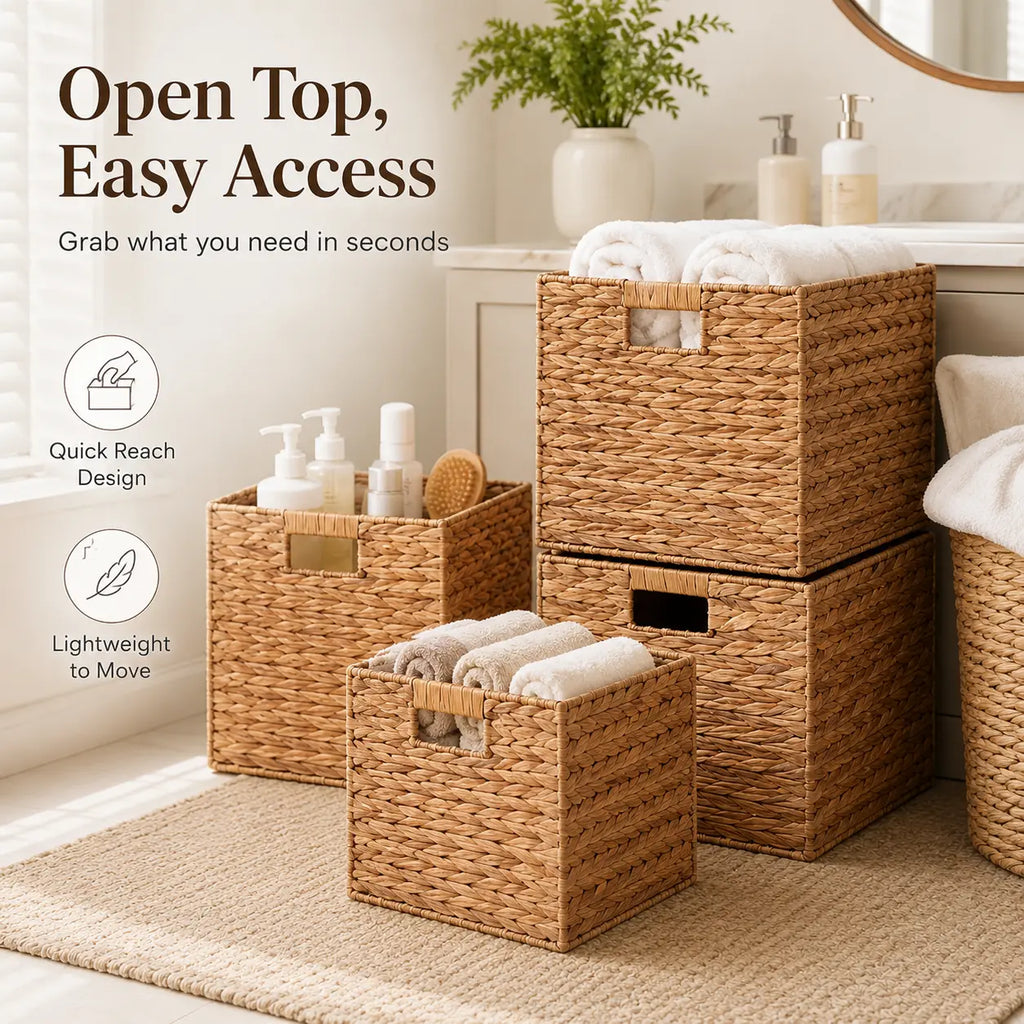 Summerwins Natural Water Hyacinth Storage Baskets - Handwoven Cube Organizing Bins with Cutout Handles, Open-Top Farmhouse Storage Organizer for Dorm Room, Living Room, Laundry, House Organizers, College Move-In Essentials