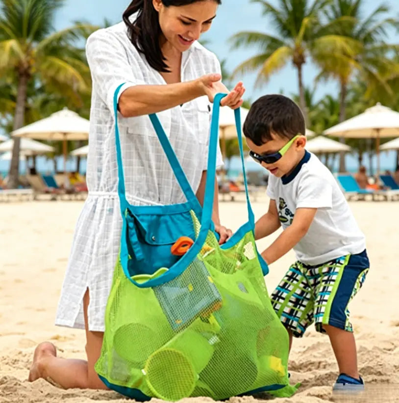 Foldable children's beach bag, toy storage bag, sand digging tool and miscellaneous items quick storage mesh bag, extra large mesh bag