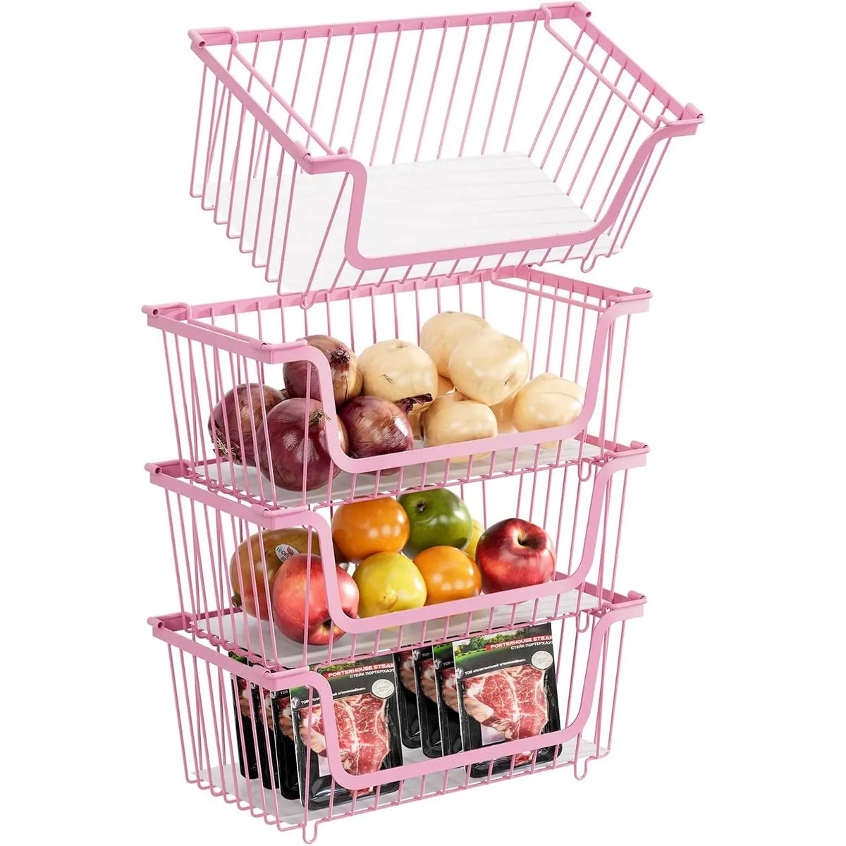 Black 4-Pcs Stackable Stainless Steel Hollow Wire Storage Bins Set - Metal Kitchen Bathroom Basket with Rotating Handle, Pet Supplies Organizer, Countertop Produce Holder