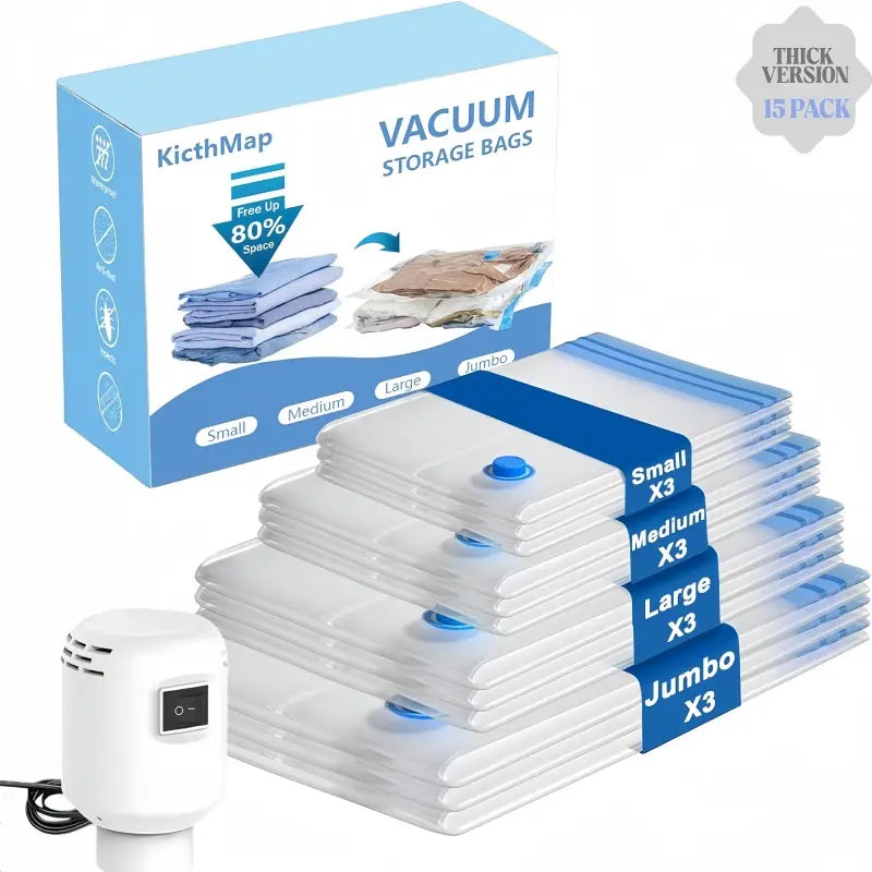 15 Pack Vacuum Storage Bags for Clothes Travel with Rechargeable Pump, Compression Space Saver Bags for Packing Luggage Closet and Seasonal Storage Organization Pockets Resealable Zipper Pouches