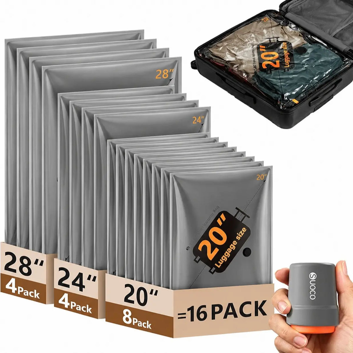 SUOCO Travel Vacuum Seal Bags Set with Rechargeable Electric Pump & Compression Packing Cubes, Water-Resistant Airtight Re-sealable Home Organiser for Luggage, Garage Storage, Cruises, Space-Saving Home Supply