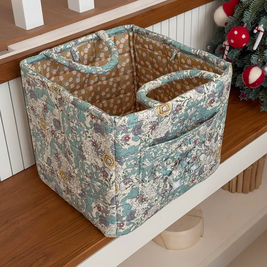 Women's Retro Foldable Soft Quilted Square Storage Basket - Dahuaofu Series, 31*27*26 cm Large Pink Flowers Print Polyester Bag, Basket with Handle, Front Pocket, Multi-Function High-Capacity Organizer, Blue, Clothes Organizer