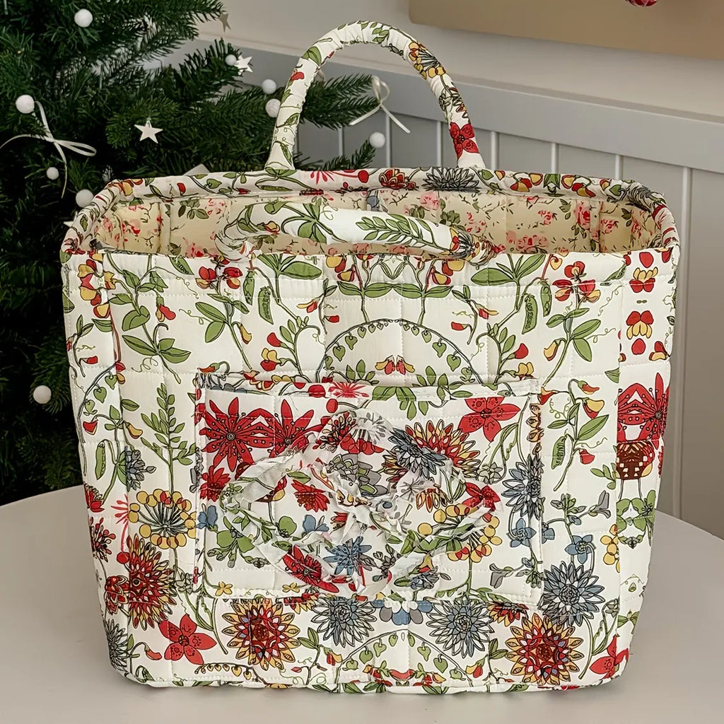 Quilted Floral-Print Camping Carry Basket - Retro Dark Night Peony & Foundation White Flower Rectangle Storage Bin, Sturdy Large Portable Hiking Hammock Gear Organizer for Back to School Home Decor