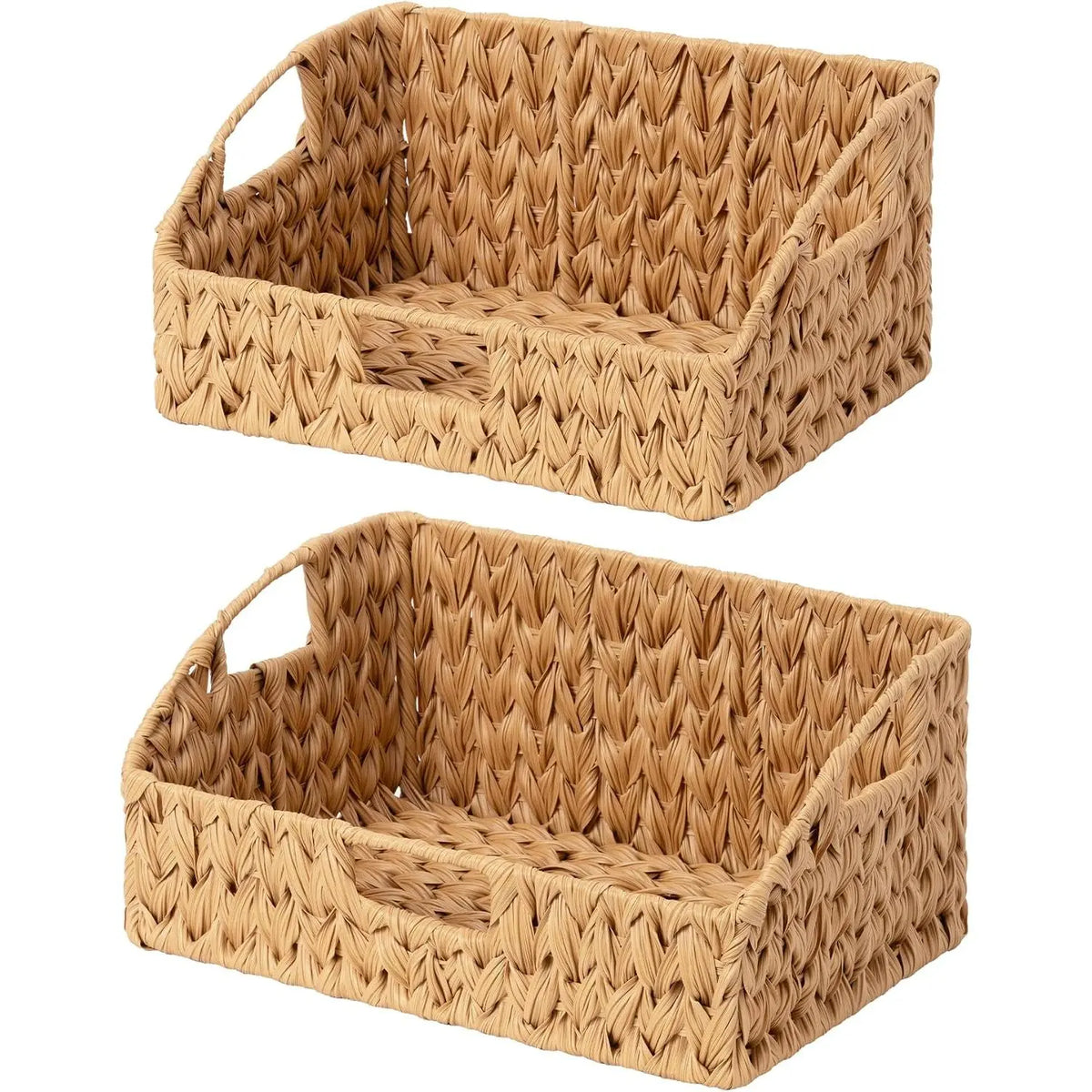 2-Pack Natural Trapezoid Woven Storage Baskets with Handles for Shelves, Pet Supplies Organiser for Dog & Cat Collars/Harnesses/Leads, Kitchen-Ready Plastic-Metal Accent Decorative Baskets, Shelf, Toilet