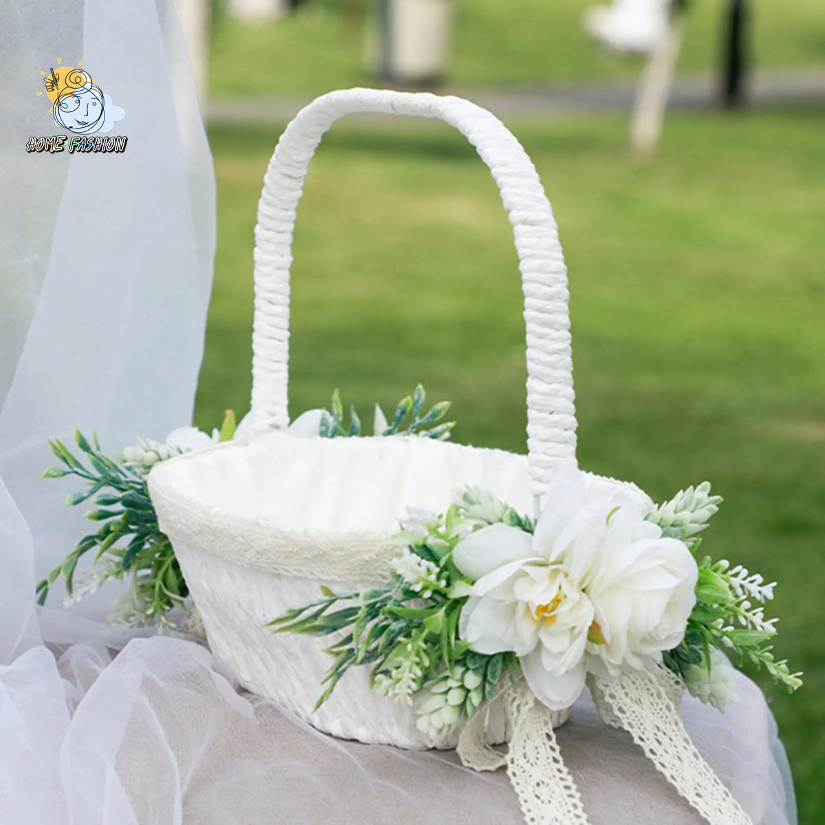 Elegant Wedding Flower Girl Decorative Storage Basket - Elegant Pearl Lace Tassel Design, Tassel Trim, Floral Pattern, Synthetic Material, 2 Sizes, 23.5*21.5cm White with Real Touch Norfolk Pine Garland for Wedding Parties, Sohochic