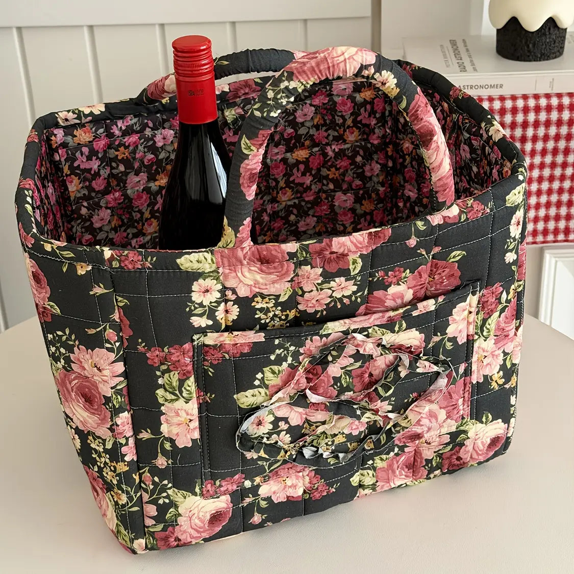Quilted Floral-Print Camping Carry Basket - Retro Dark Night Peony & Foundation White Flower Rectangle Storage Bin, Sturdy Large Portable Hiking Hammock Gear Organizer for Back to School Home Decor