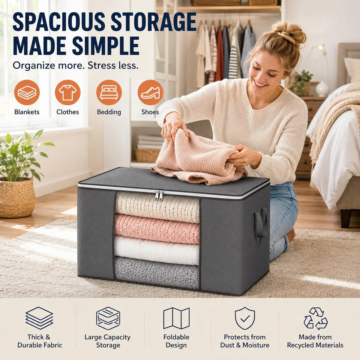 UNIQDESIGN Thick Cloth Collapsible Clothing Organiser Bag Set (6-Pack, Grey) - Reusable PVC Multipurpose Storage Bags with Handles, Space Saving for Bedroom Wardrobe Clothes, Blankets, Window