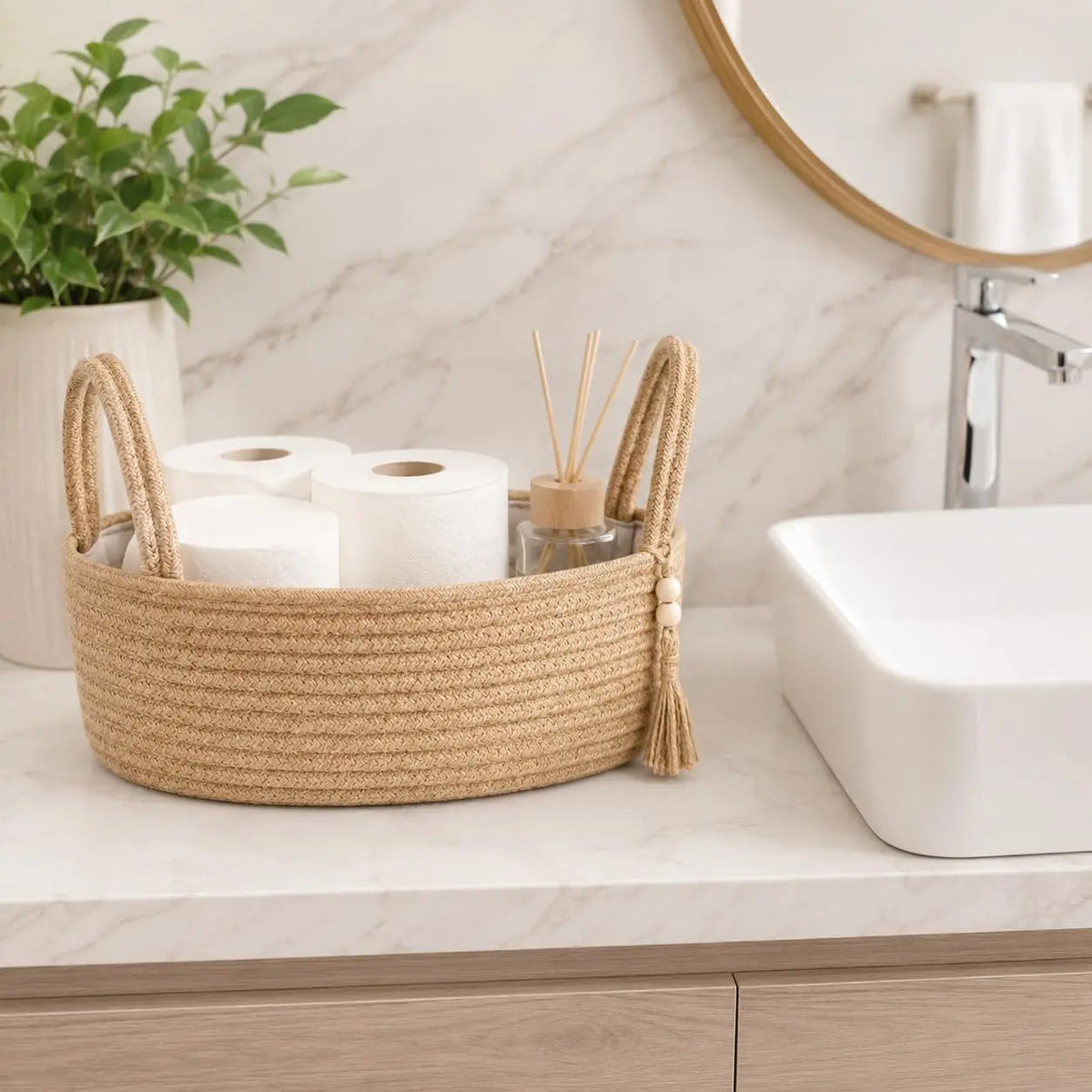 Small Storage Basket, Jute Rope Woven Toilet Paper Tray Organizer for Toilet  Top, Boho Bathroom Decor Holder for Shelf Bedroom Living Room -13x6x4 Inches