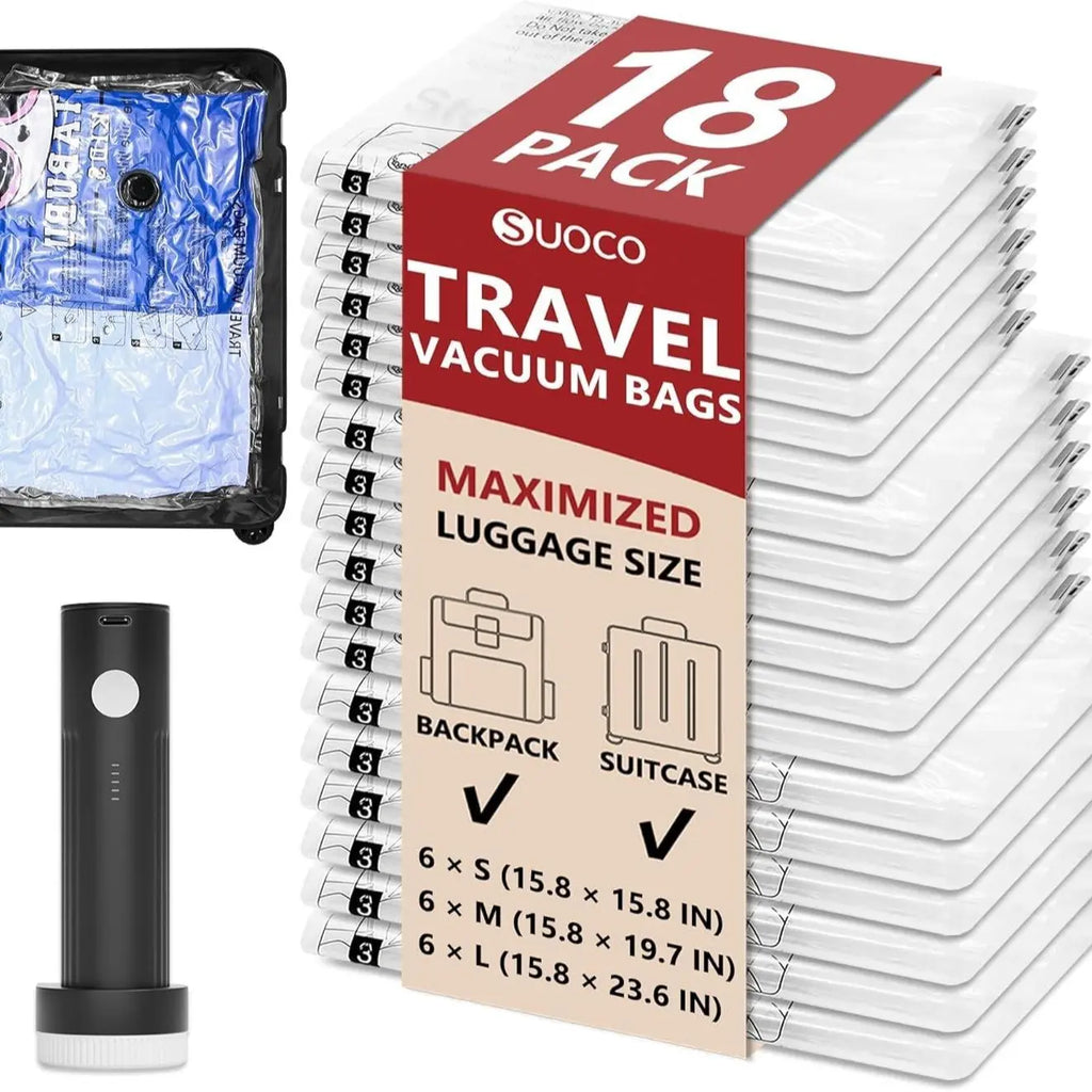 SUOCO Travel Vacuum Seal Bags Set with Rechargeable Electric Pump & Compression Packing Cubes, Water-Resistant Airtight Re-sealable Home Organiser for Luggage, Garage Storage, Cruises, Space-Saving Home Supply