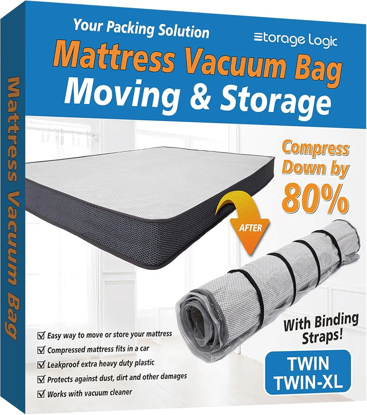 Heavy Duty PA+PE Blend Mattress Vacuum Seal Bag with Adjustable Straps, Double Zip, Foldable Dustproof Portable Storage Bags, Moving Compression Protection & Organization Aid for Vacuum Cleaner Use