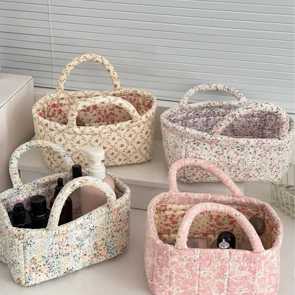 Cotton Country Chic Embroidered Print Lightweight Compact Basket - Baskets for Organizing, Baby Girl's Room Storage, Cosmetic Holder, Portable Gift Bag