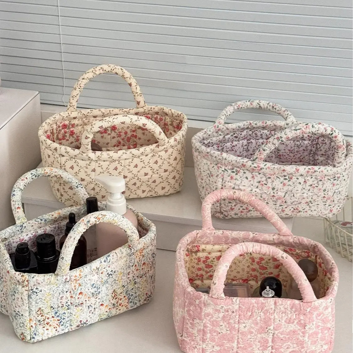 Cotton Country Chic Embroidered Print Lightweight Compact Basket - Baskets for Organizing, Baby Girl's Room Storage, Cosmetic Holder, Portable Gift Bag