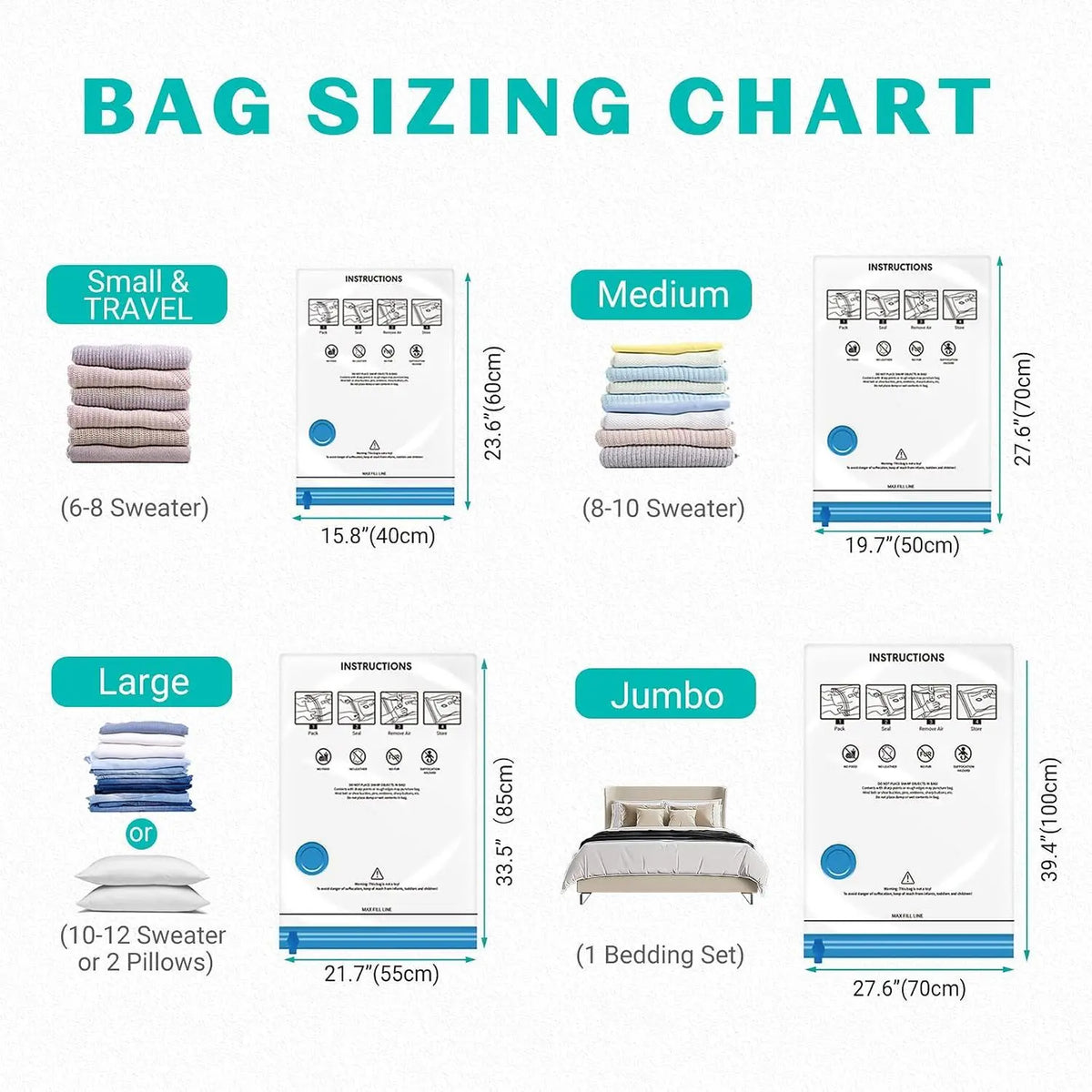 15 Pack Vacuum Seal Bags for Clothing &Travel, Space Saver Vacuum Storage Bags for Blankets,Luggage,Clothes,Comforter, Hand Pump Included (3 Jumbo,3 Large,3 Medium,3 Small,3 Roll）Gift.