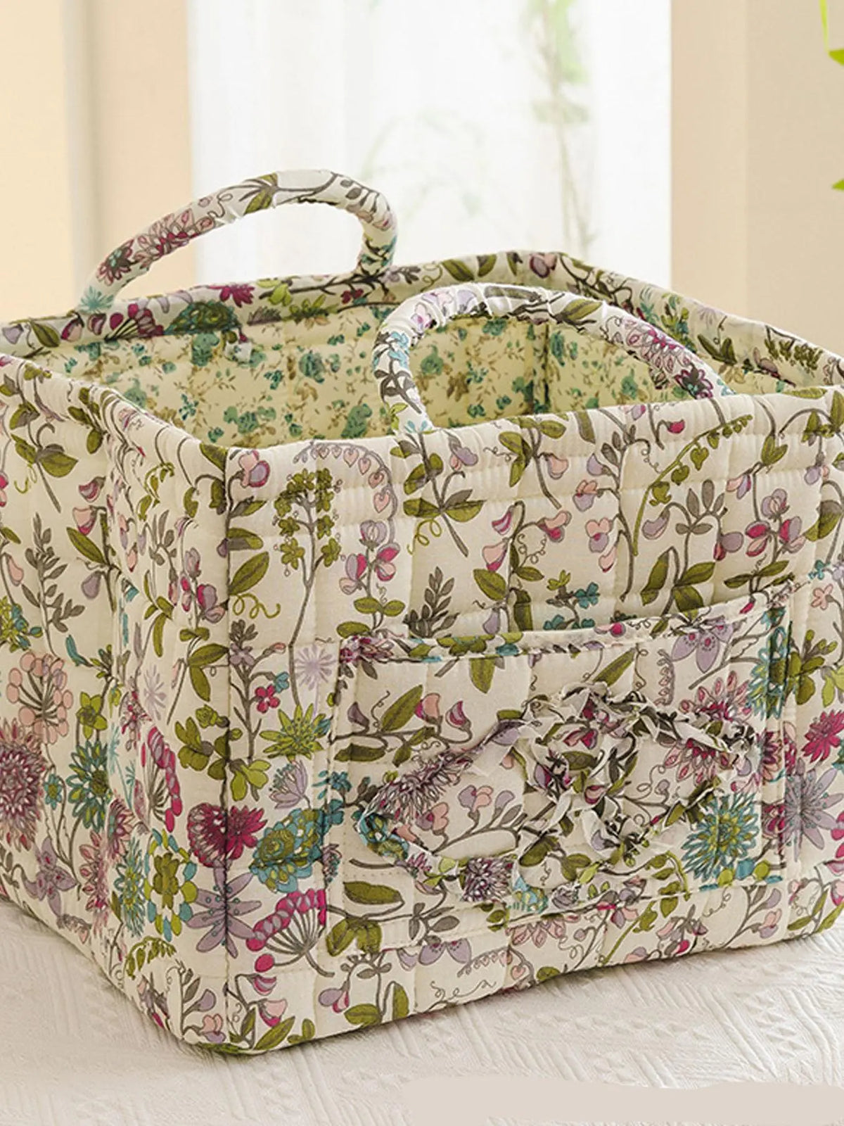 Floral Pattern Flower Fabric Storage Tote Basket, Portable Underwear Organizer, Organizing Baskets, Home Organization for Kitchen Bathroom Bedroom Living Room Office, Decorative Storage Basket