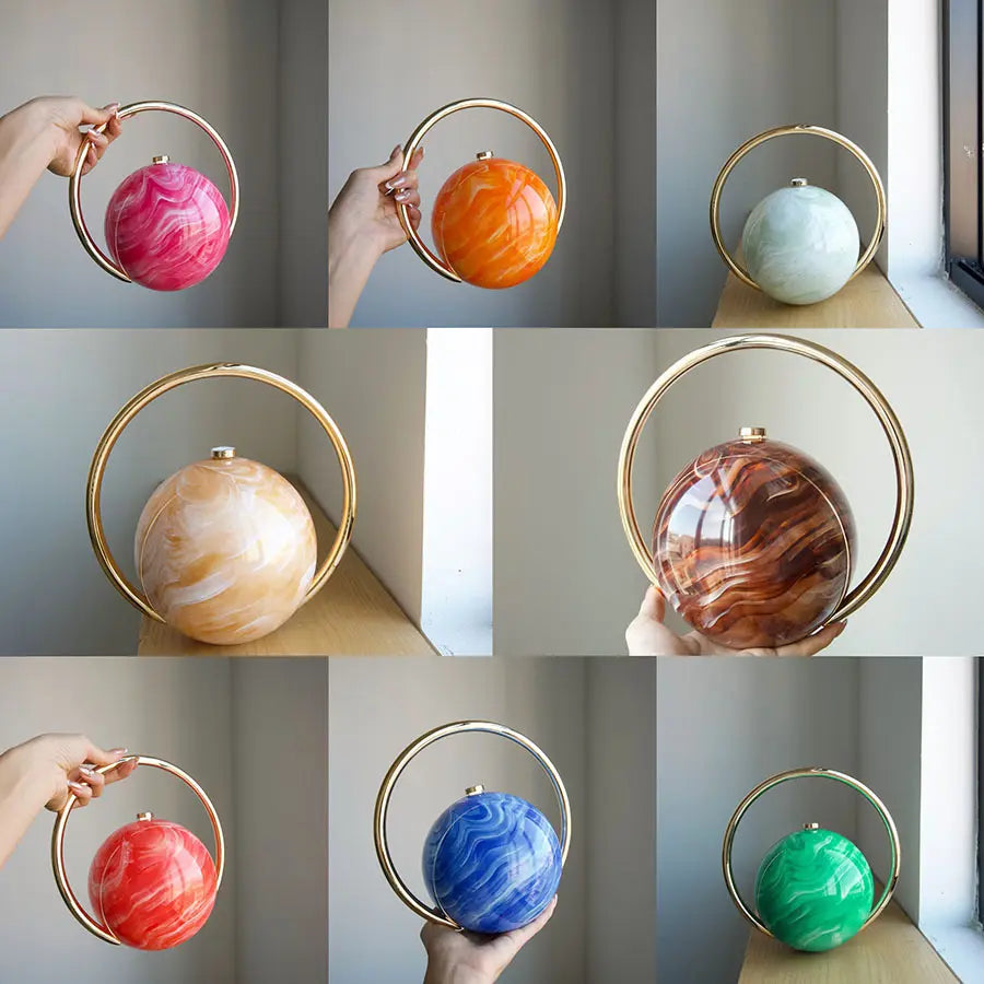 2025 Luxury Lightweight Acrylic Small Mini Bag Pouch - Marble Swirl Orb Home Organizer, Rose Gold Electroplated Accent, Silver Metal Ring, Easy-Clean Minimalist Casual Chic Home Supply for Holiday Parties