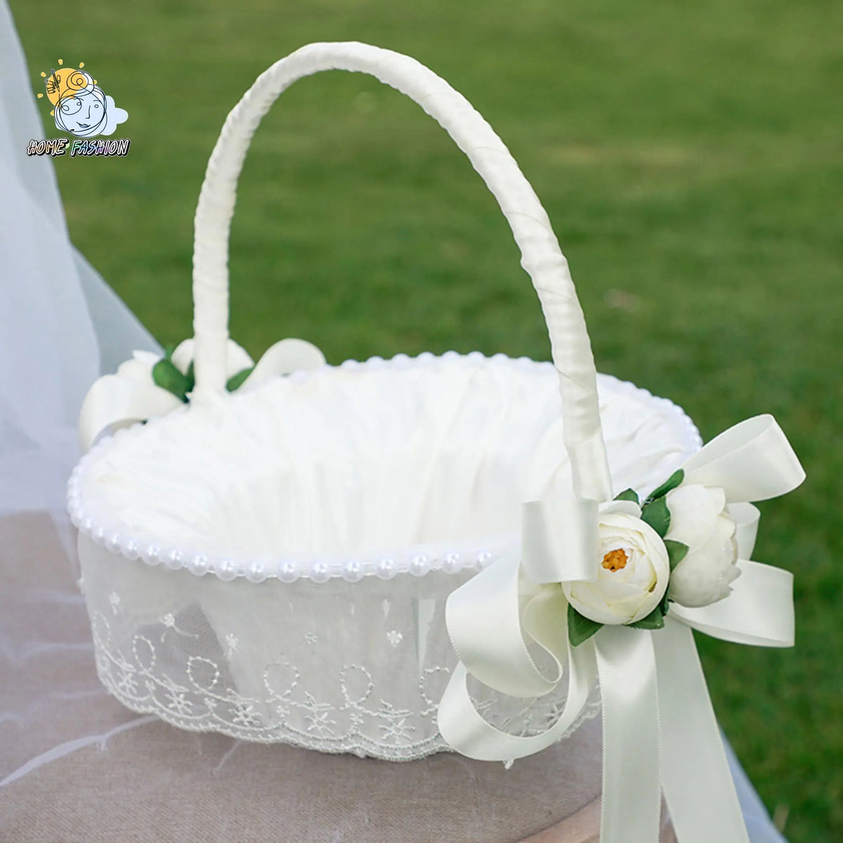 Elegant Wedding Flower Girl Decorative Storage Basket - Elegant Pearl Lace Tassel Design, Tassel Trim, Floral Pattern, Synthetic Material, 2 Sizes, 23.5*21.5cm White with Real Touch Norfolk Pine Garland for Wedding Parties, Sohochic