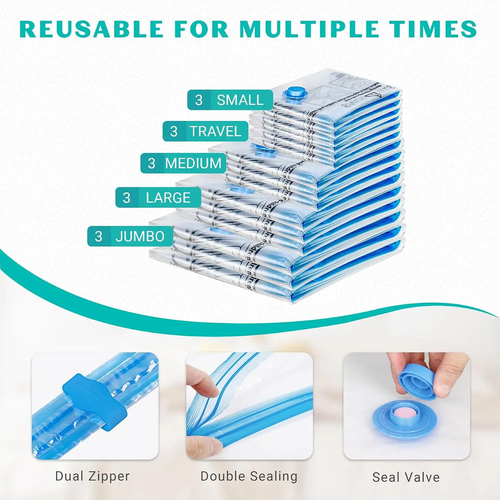 15 Pack Vacuum Seal Bags for Clothing &Travel, Space Saver Vacuum Storage Bags for Blankets,Luggage,Clothes,Comforter, Hand Pump Included (3 Jumbo,3 Large,3 Medium,3 Small,3 Roll）Gift.